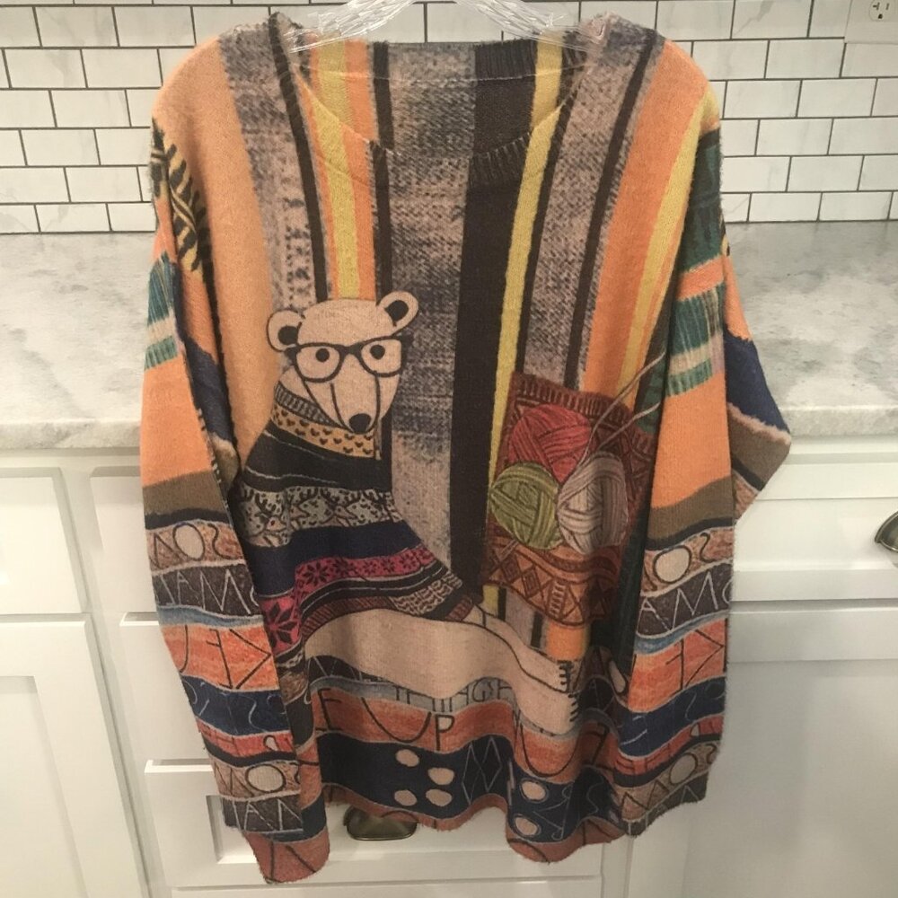 Yesno Bear Sweater Womens Large Abstract‎ Print Wool Blend Artsy Loose Fit Boho